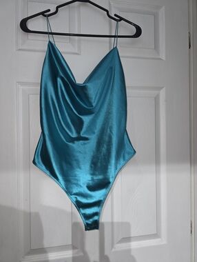Forever 21 Teal Satin Cowl Neck Bodysuit - Shimmering Turquoise - Size M